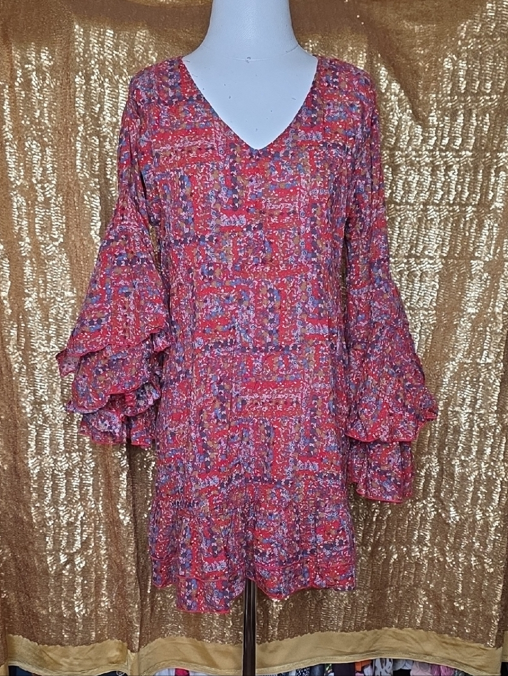 BUCKETLIST Coral Multi-Print V-Neck Ruffle Sleeve Mini Dress